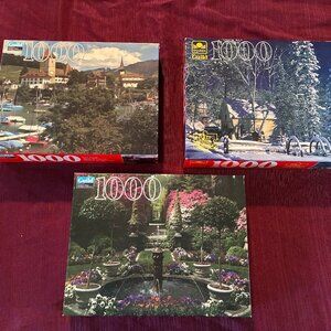 Lot of 3 New/Sealed Vintage Guild 1000-pc. JIGSAW PUZZLES: Switz/NH/Fountain
